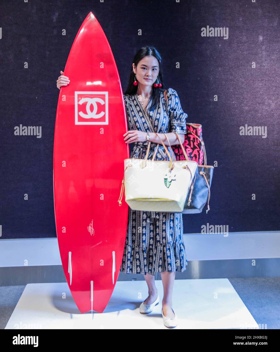 London UK 11 March 2020 A red carbon fibre Chanel Surfboard with three  keels– Chanel only made surfboards in limited numbers, and so it is really  rare to have one come up