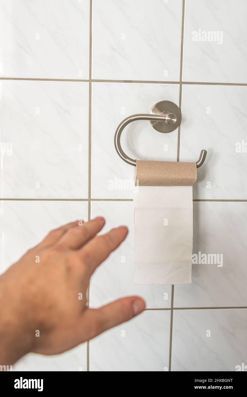 Man hand is trying to take last piece of toilet paper roll in the