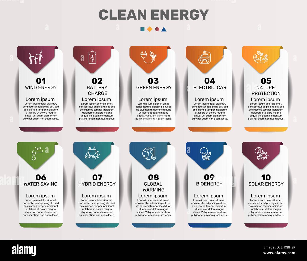 Infographic Clean Energy template. Icons in different colors. Include Wind Energy, Battery Charge, Green Energy, Electric Car and others. Stock Vector