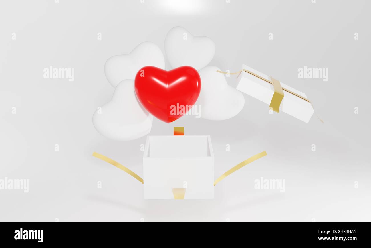 3d red and white heart-shaped balloons flying out of an open gift box ...