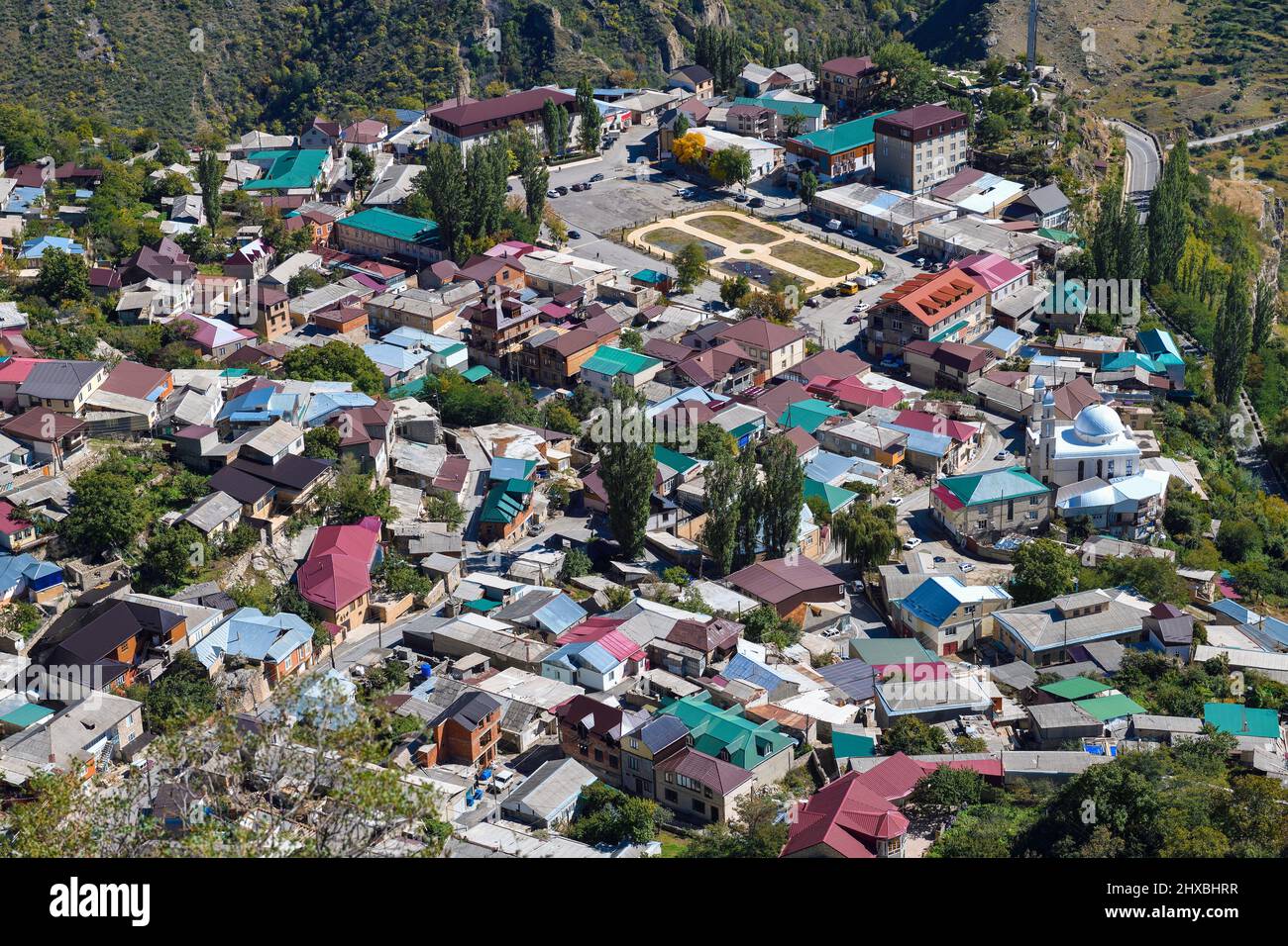 Top view of the central part of Gunib village on a September afternoon. Dagestan, Russian Federation Stock Photo