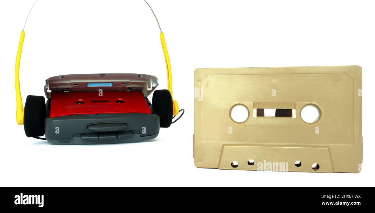 Vintage Cassette Player with headphones and cassette tape isolated on a