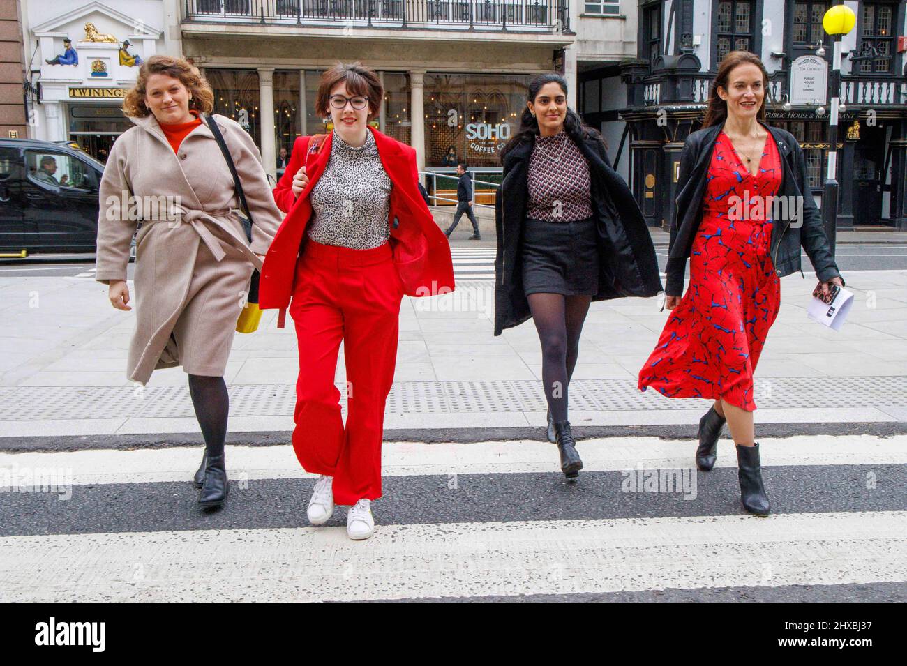 London, UK. 11th Mar, 2022. The four claimants arrive at the High Court, Left to right Anna Birley, Jess Leigh(Lead Claimant), Henna Shah and Jamie Klingler. High court rules in favour of 4 Reclaim the streets organisers. In a landmark ruling the High Court found that the Metropolitan Police violated the 4 organisers Human rights. They had organised a vigil in the wake of Sarah EverardÕs death. Credit: Mark Thomas/Alamy Live News Stock Photo