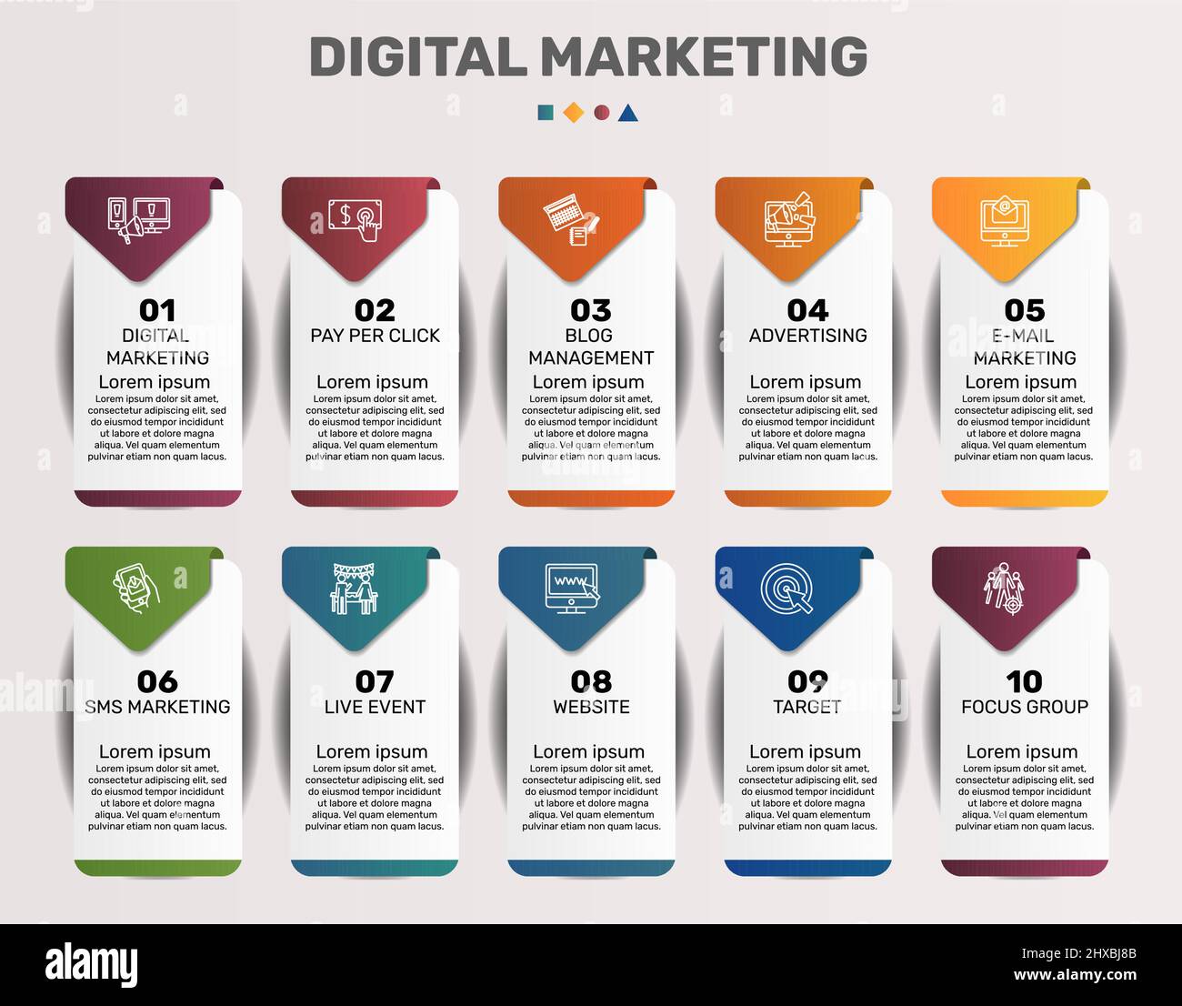 Infographic Digital Marketing template. Icons in different colors ...