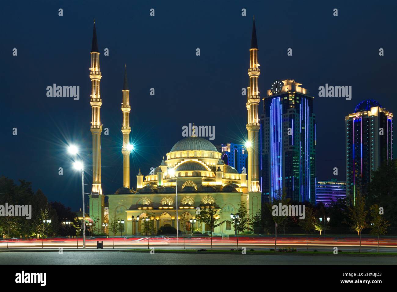 GROZNY, RUSSIA - SEPTEMBER 29, 2021: View of the central mosque 'Heart of Chechnya' on the late September evening. Chechen Republic Stock Photo
