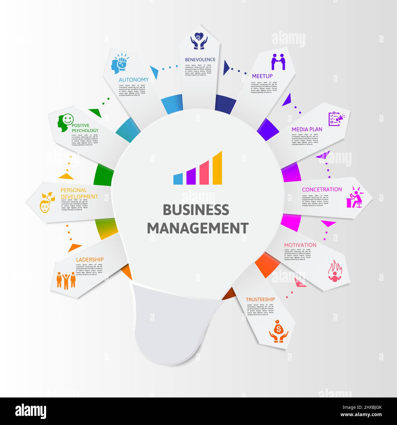 Infographic Business Management template. Icons in different colors ...