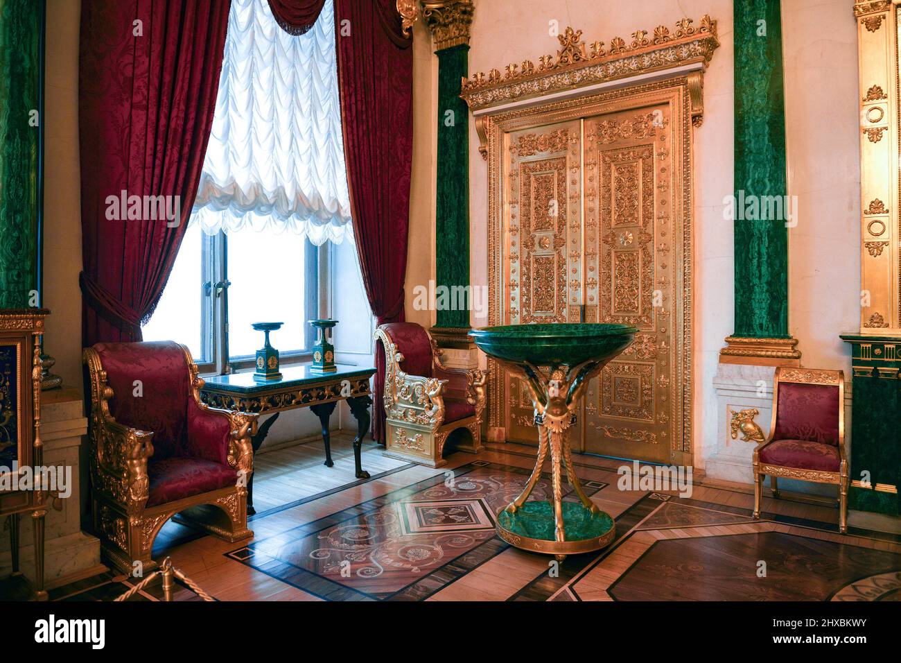 SAINT PETERSBURG, RUSSIA - FEBRUARY 17, 2022: In the malachite living room. State Museum "Hermitage" Stock Photo