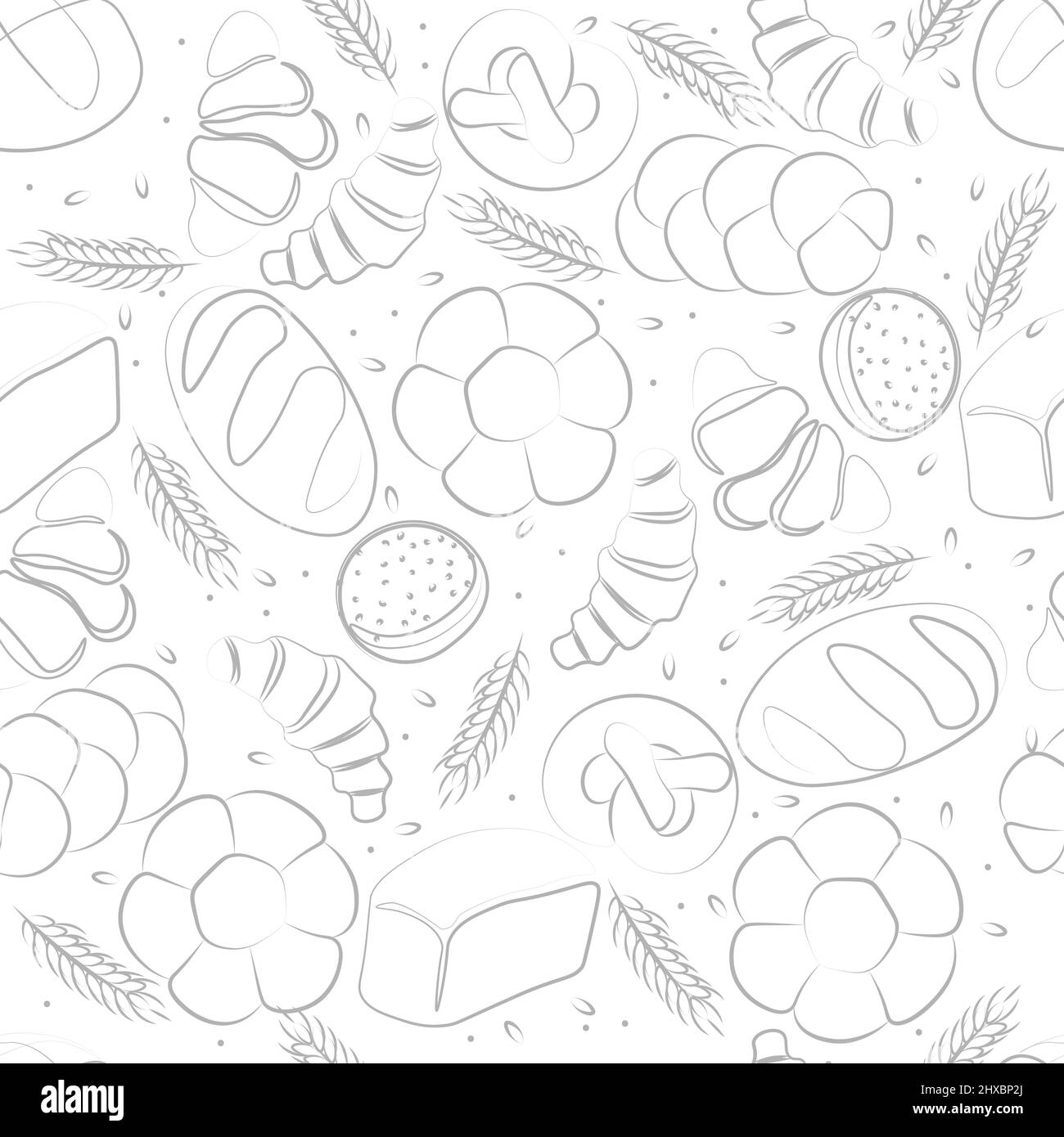 Trendy vector pattern for bakery or cafe.Illustrations of buns,bread, baguette,and other pastries for packaging,labels,or signage.Line Art Stock Vector