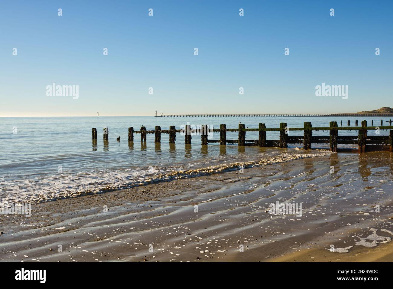 Calm sea at low tide. Littlehampton in West Sussex, England. Stock Photo