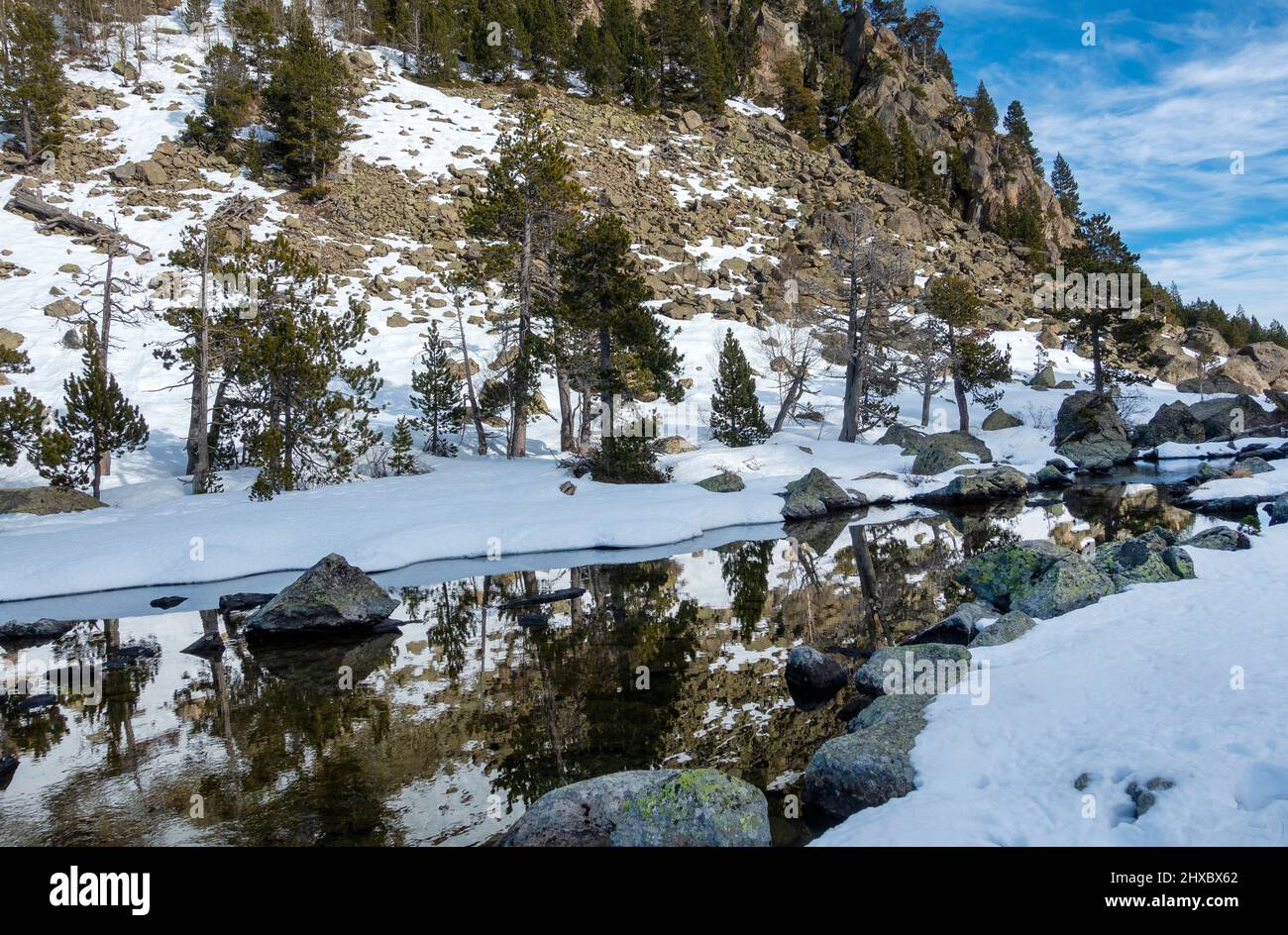 Winter mountain scenery in the Aigüestortes i Estany de Sant Maurici National Park near Espot, Catalonia, Spain Stock Photo