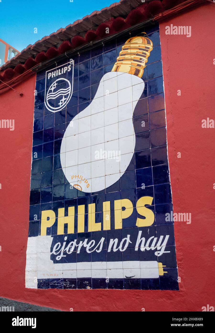 Old advertising for Philips light bulbs in the port town of San Sebastian in La Gomera, Canary Islands, Spain Stock Photo