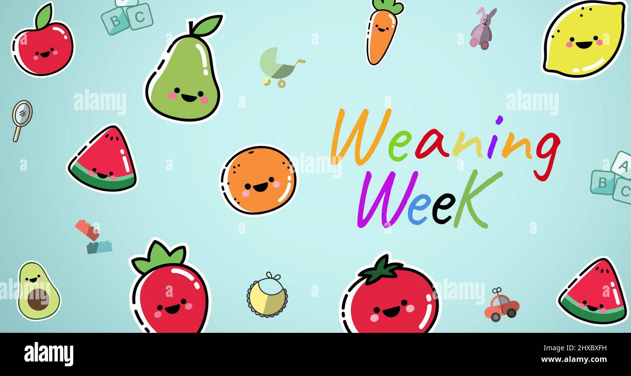 Image of cartoon fruits and vegetables moving over blue background and weaning week text Stock Photo