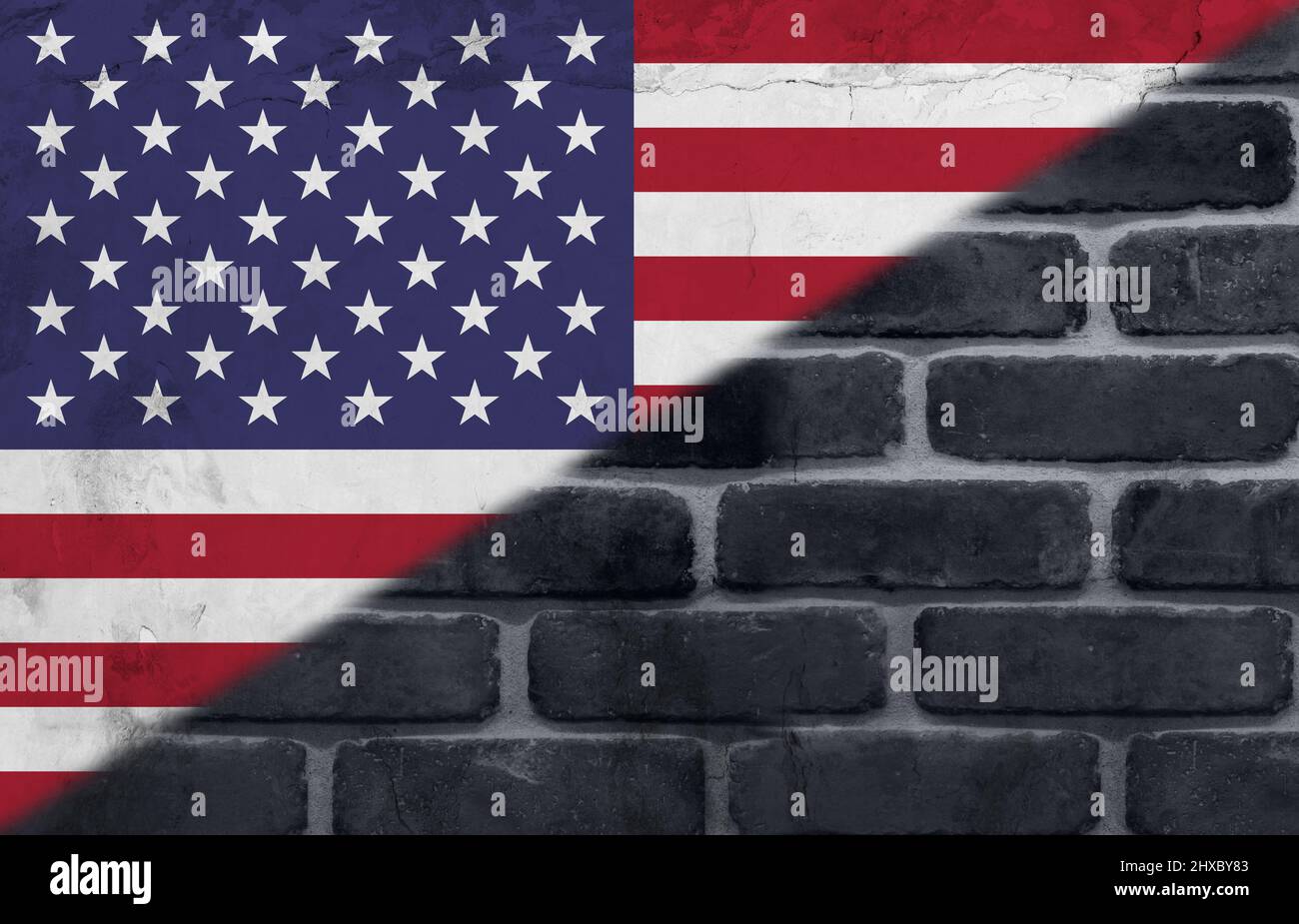 Digital composite image of flag of america painted on brick wall with ...
