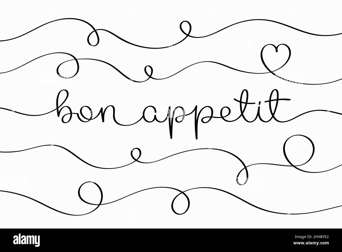 Bon Appetit lettering. Vector illustration of creative typography with continuous one line hand drawn text isolated on white background Stock Vector
