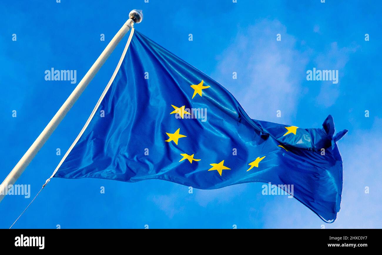 European Union Flag Waving in the Wind with Blue Sky Background Stock ...