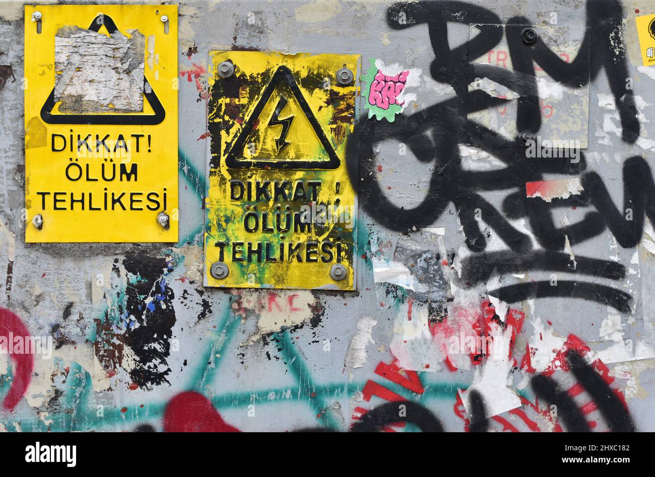 Street Art - Graffiti and Warning Signs Stock Photo