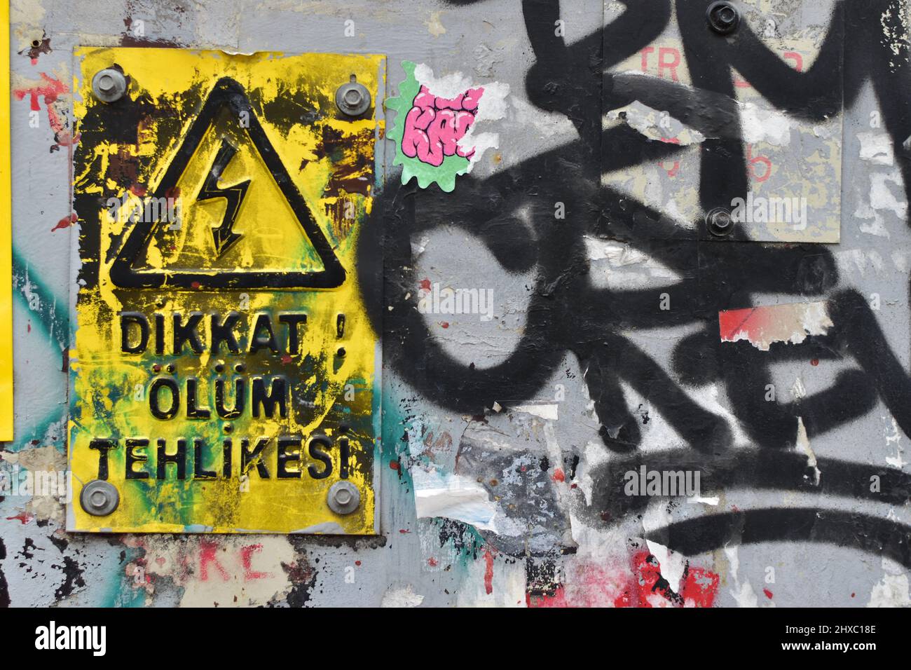 Street Art - Graffiti and Warning Signs Stock Photo