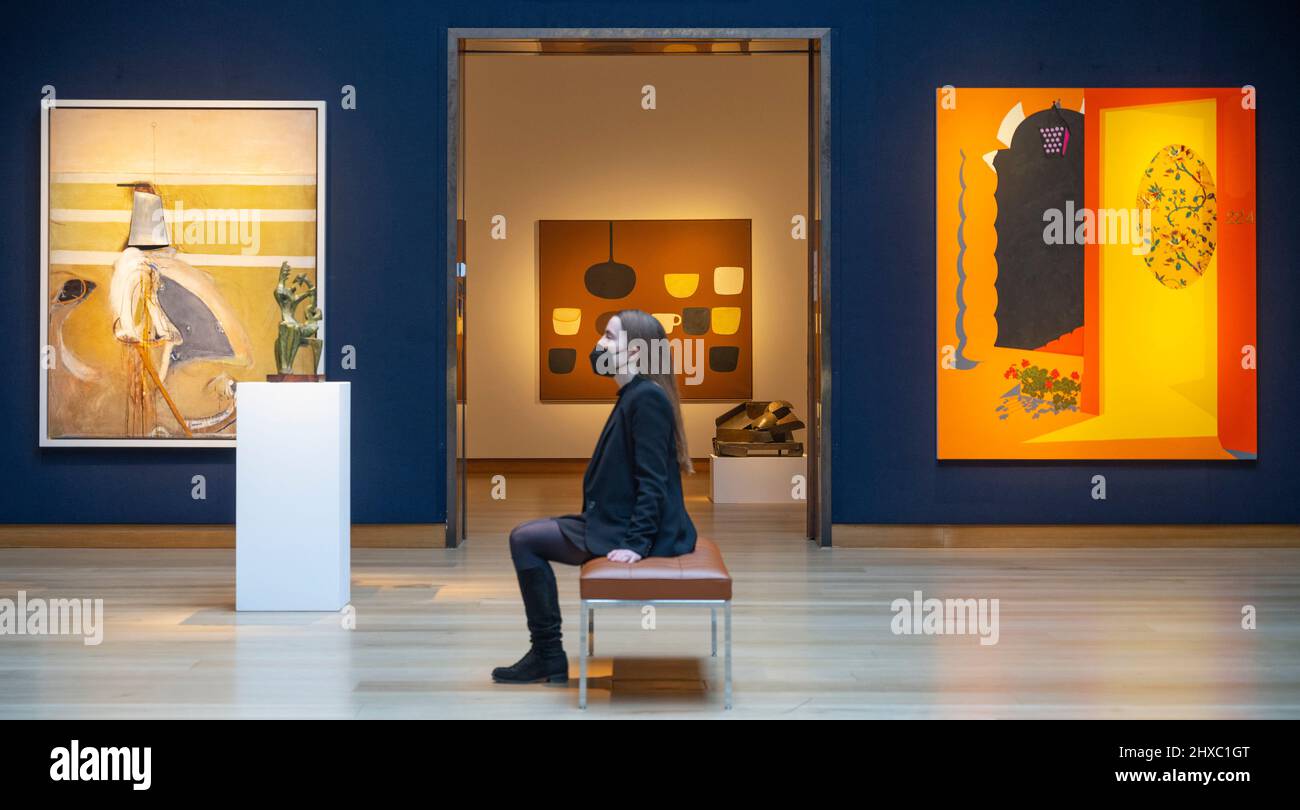 Christie’s, London, UK. 11 March 2022. Modern British and Irish Art Evening Sale takes place in London on 22 March 2022. Image: Works by (l to r): Brett Whiteley, William Scott, Patrick Caulfield. Credit: Malcolm Park/Alamy Live News Stock Photo