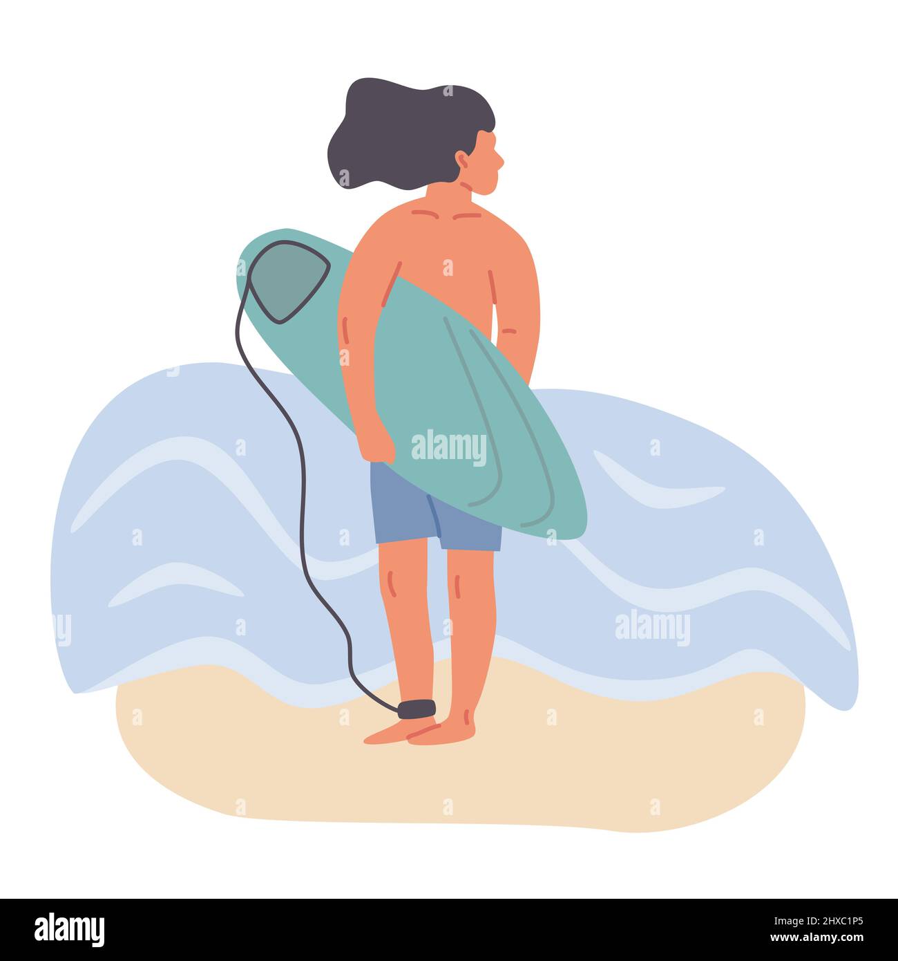 Male surfer with surfboard stand on sand near the sea water vector flat ...