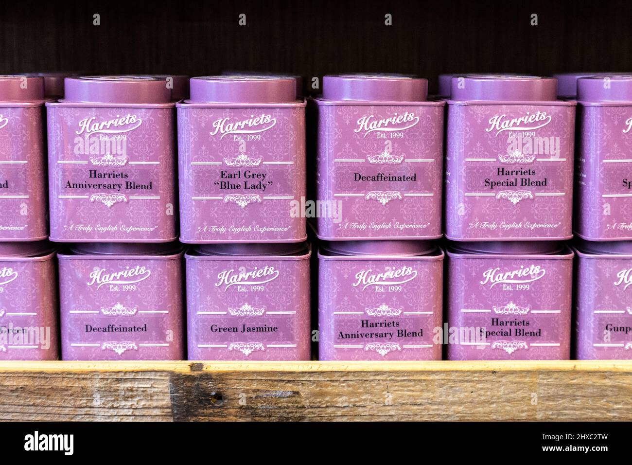 Selection of loose leaf teas in tea tins at Harriets Cafe Tearooms, Norwich, Norfolk, UK Stock Photo