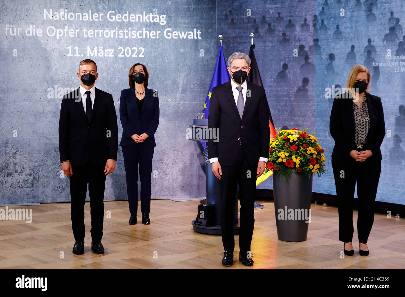 11 March 2022, Berlin: Pascal Kober (l-r), Federal Government Commissioner for the Concerns of Victims of Terrorist and Extremist Attacks in Germany, Petra Terhoeven, historian, Stephan Harbarth, President of the Federal Constitutional Court, and Nancy Faeser (SPD), Federal Minister of the Interior and Home Affairs, stand during the minute's silence at the German government's commemoration of the victims of terrorist violence. The Day of Remembrance, which is to be held annually on March 11, ties in at the national level with the European Day of Remembrance, which was established after the Mad Stock Photo