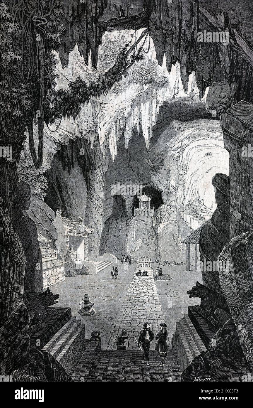 Underground Buddhist Temple, Huyen Khong Buddhist Grotto or Huyen Khong Cave in the Marble Mountains near Da Nang or Danang Vietnam.Vintage Illustration or Engraving 1860. Stock Photo