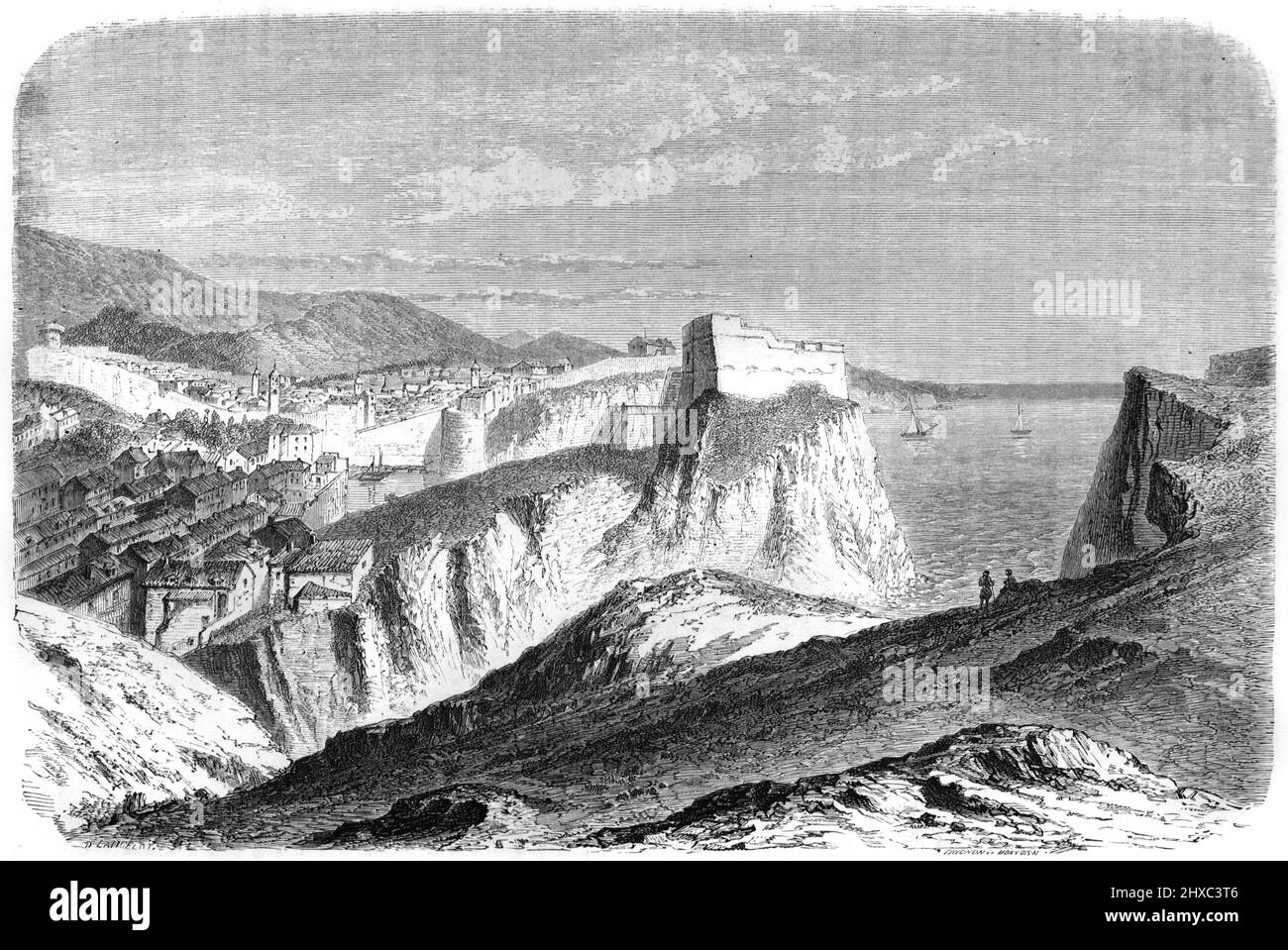 View of the Old Town Historic District and Castle of Dubrovnik Croatia. Vintage Illustration or Engraving 1860. Stock Photo