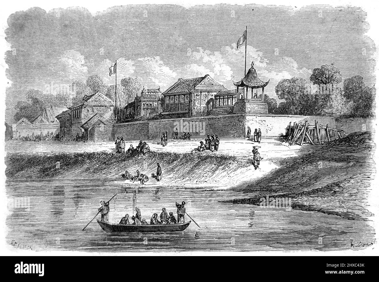 French & British Ambassador's Residences in Tianjin or Tientsin on the Shore, Coast or Waterfront of the Bohais Sea China. Vintage Illustration or Engraving 1860. Stock Photo