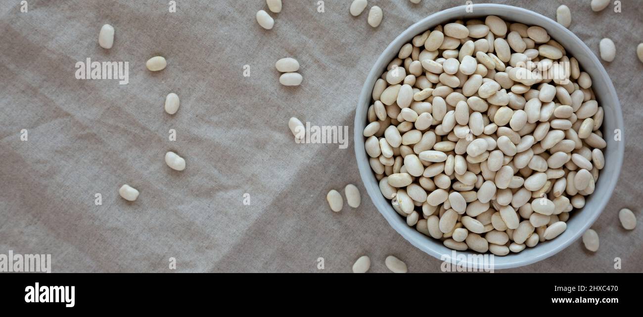 Raw Organic Dry White Beans in a Gray Bowl, top view. Flat lay, overhead, from above. Space for
