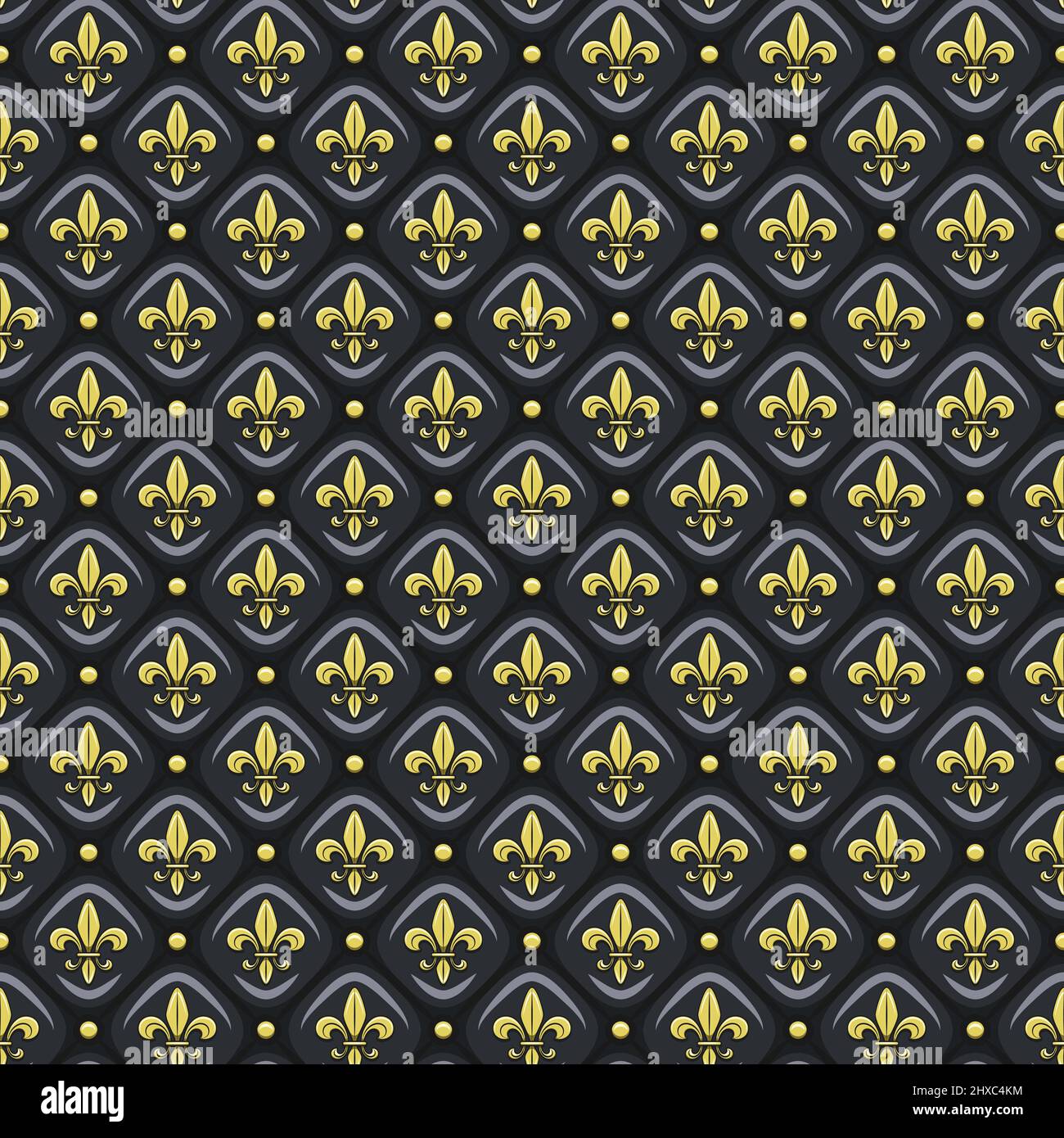 Seamless pattern with black leather upholstery, golden fleur de lis. Vector background. Stock Vector