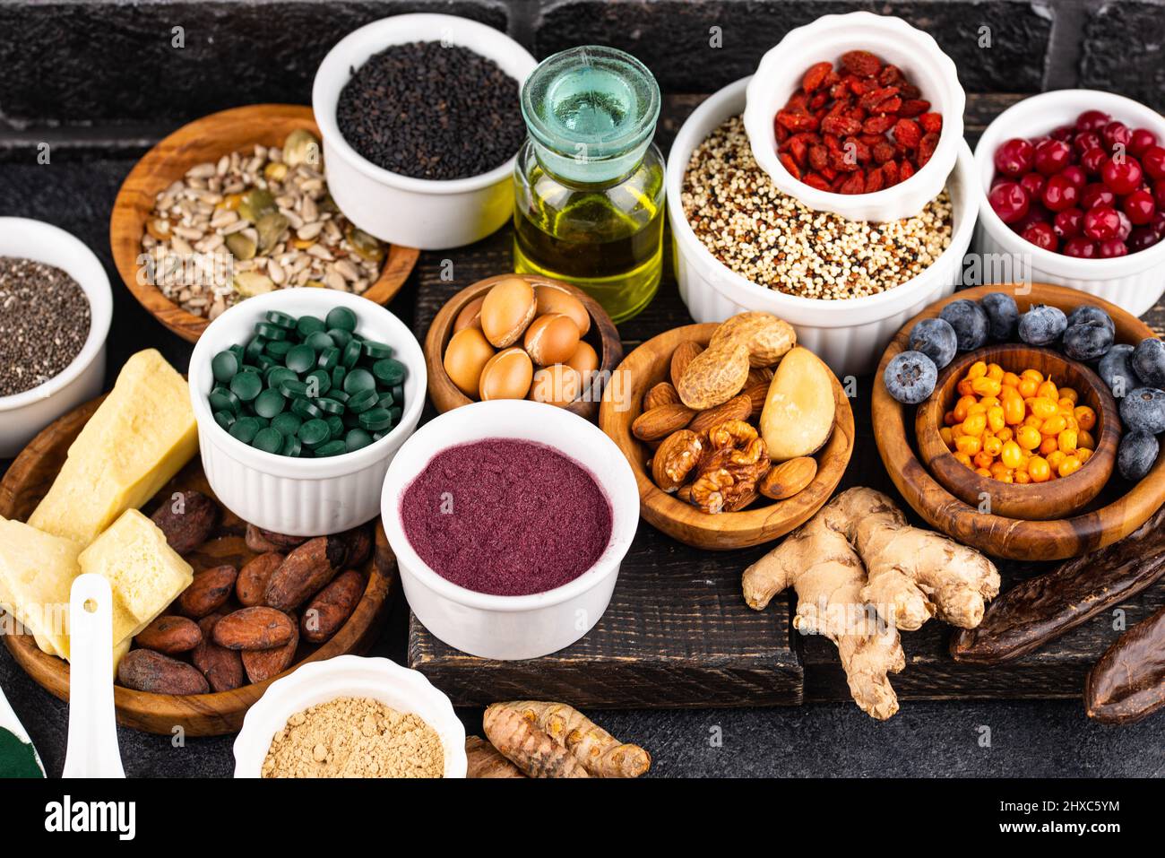 various-superfoods-and-healthy-food-supplement-stock-photo-alamy