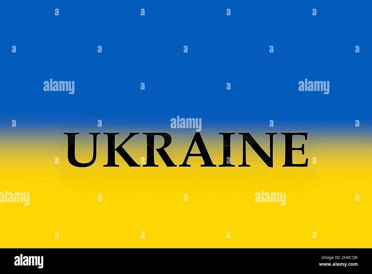 Ukrainian flag with the name Ukraine in black and mixed colors Stock Photo