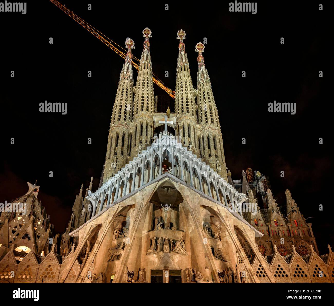 Passion Facade of the Basilica of the Sagrada Familia at night