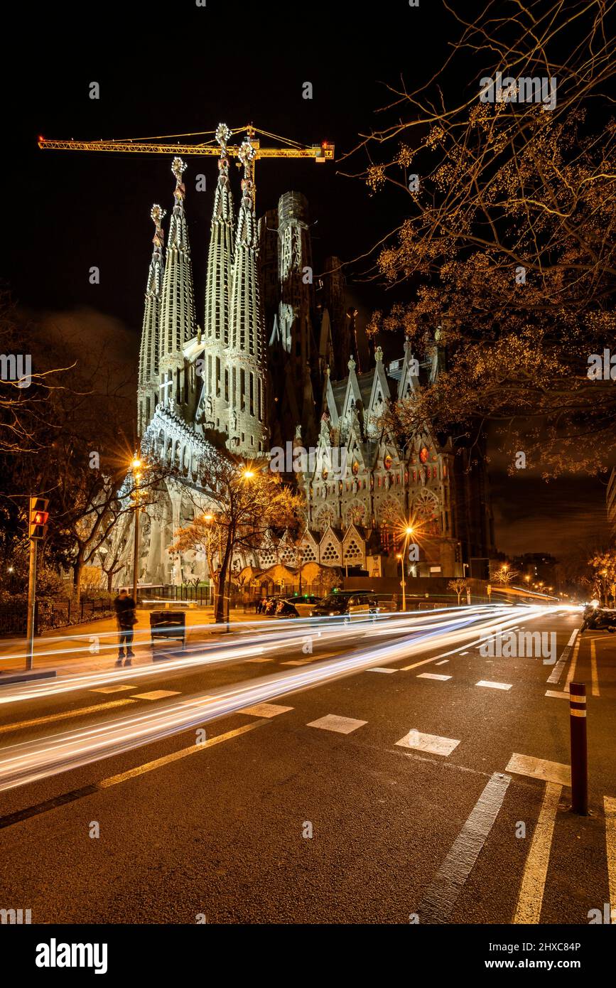 Passion Facade of the Basilica of the Sagrada Familia at night (Barcelona, Catalonia, Spain) ESP: Fachada de la Pasión de la Sagrada Familia Barcelona Stock Photo