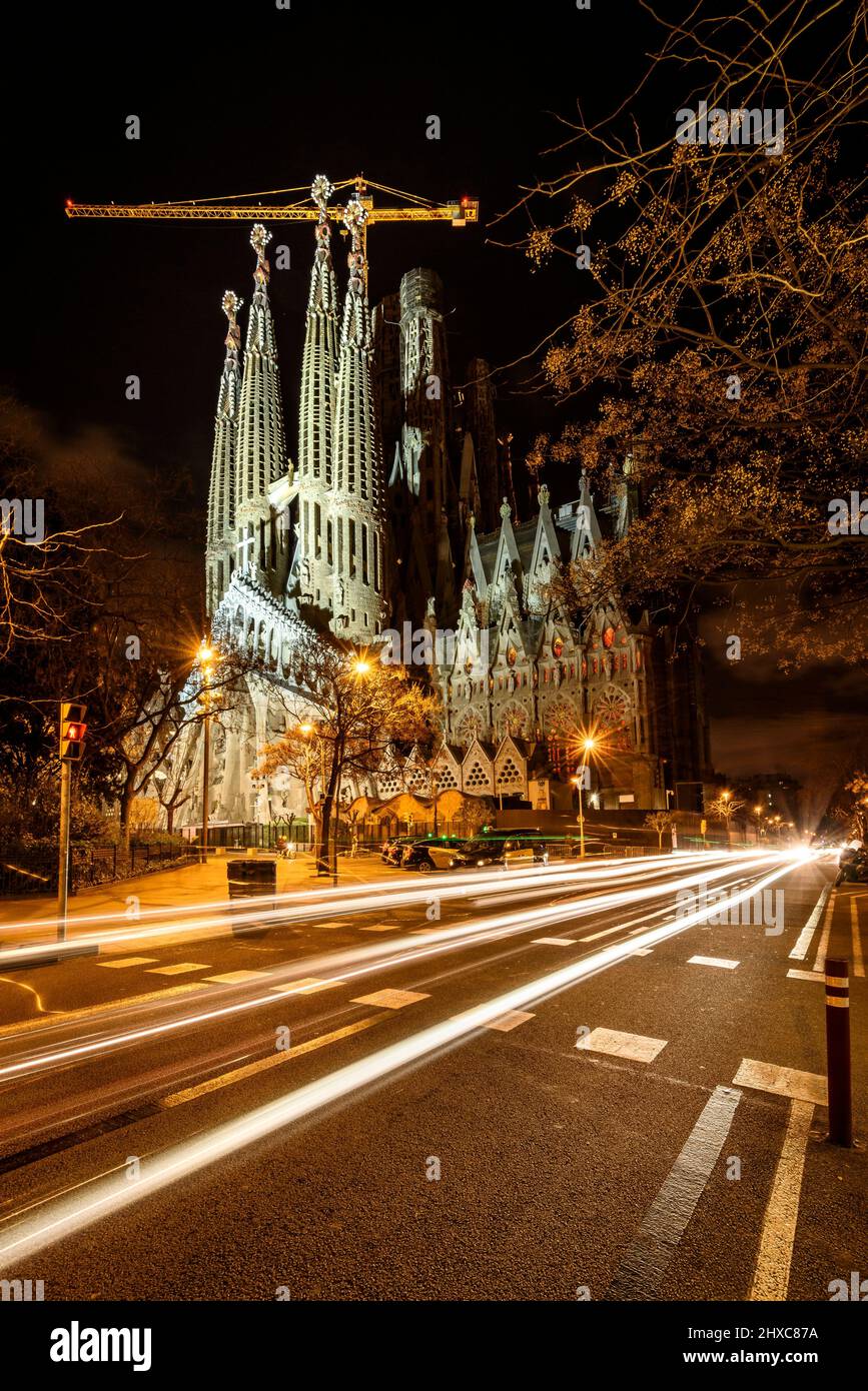 Passion Facade of the Basilica of the Sagrada Familia at night (Barcelona, Catalonia, Spain) ESP: Fachada de la Pasión de la Sagrada Familia Barcelona Stock Photo