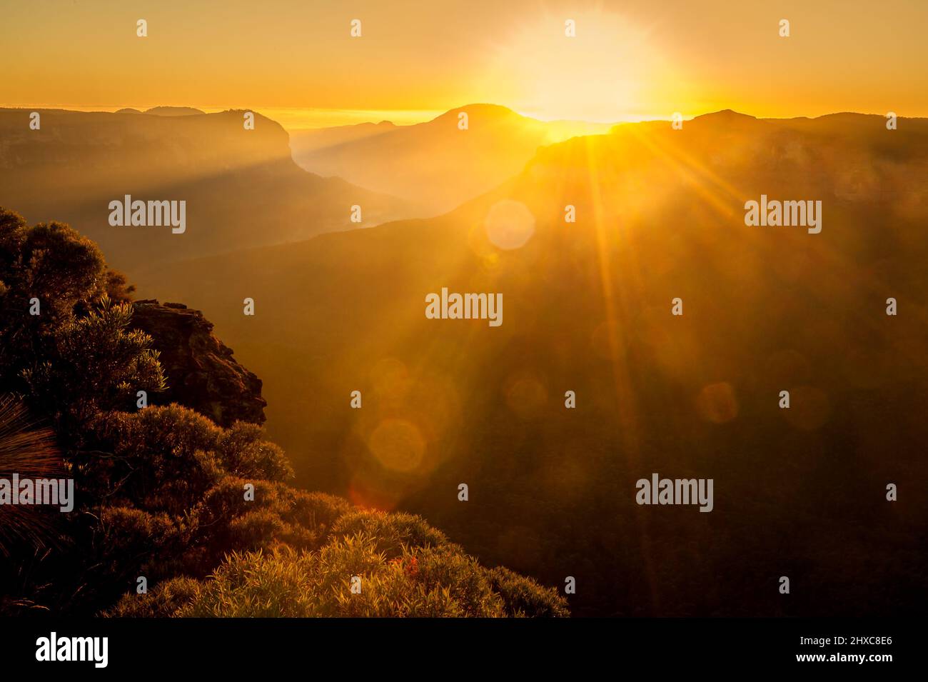 Sunrise over Grose Valley in Blue Mountains National Park. Stock Photo