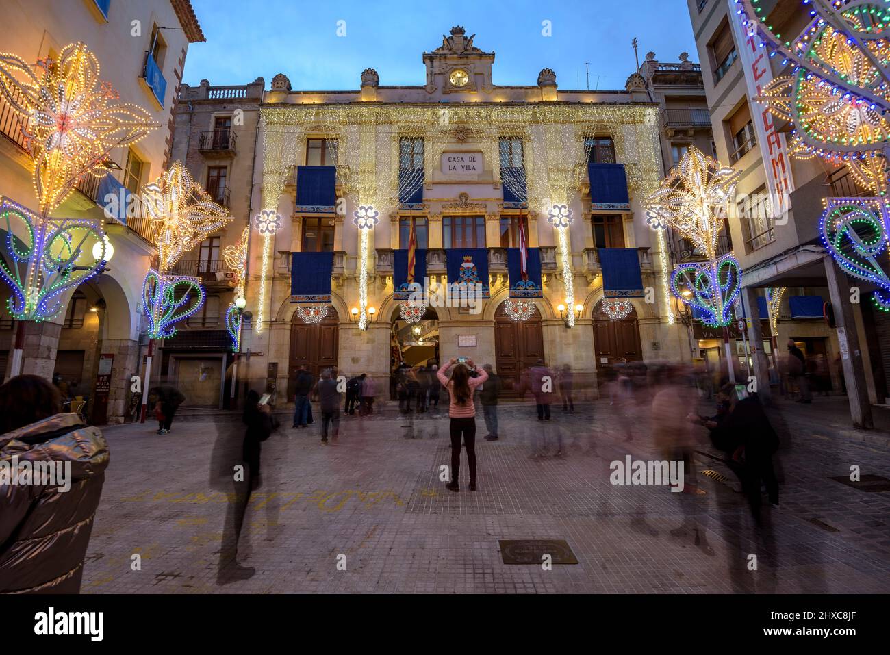 Blat Square illuminated during the 2022 (2021+1) Valls Decennial Festival, in honor of the Virgin of the Candlemas in Valls, Tarragona Catalonia Spain Stock Photo