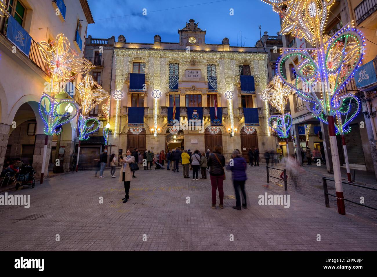 Blat Square illuminated during the 2022 (2021+1) Valls Decennial Festival, in honor of the Virgin of the Candlemas in Valls, Tarragona Catalonia Spain Stock Photo