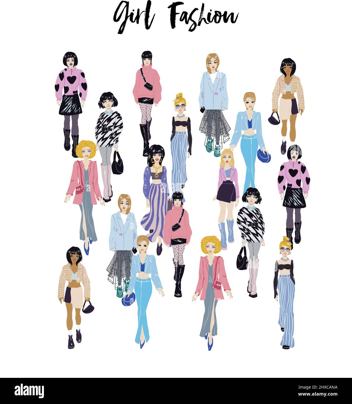 Stylish young women dressed in trendy clothes. Crowd of girls Stock ...