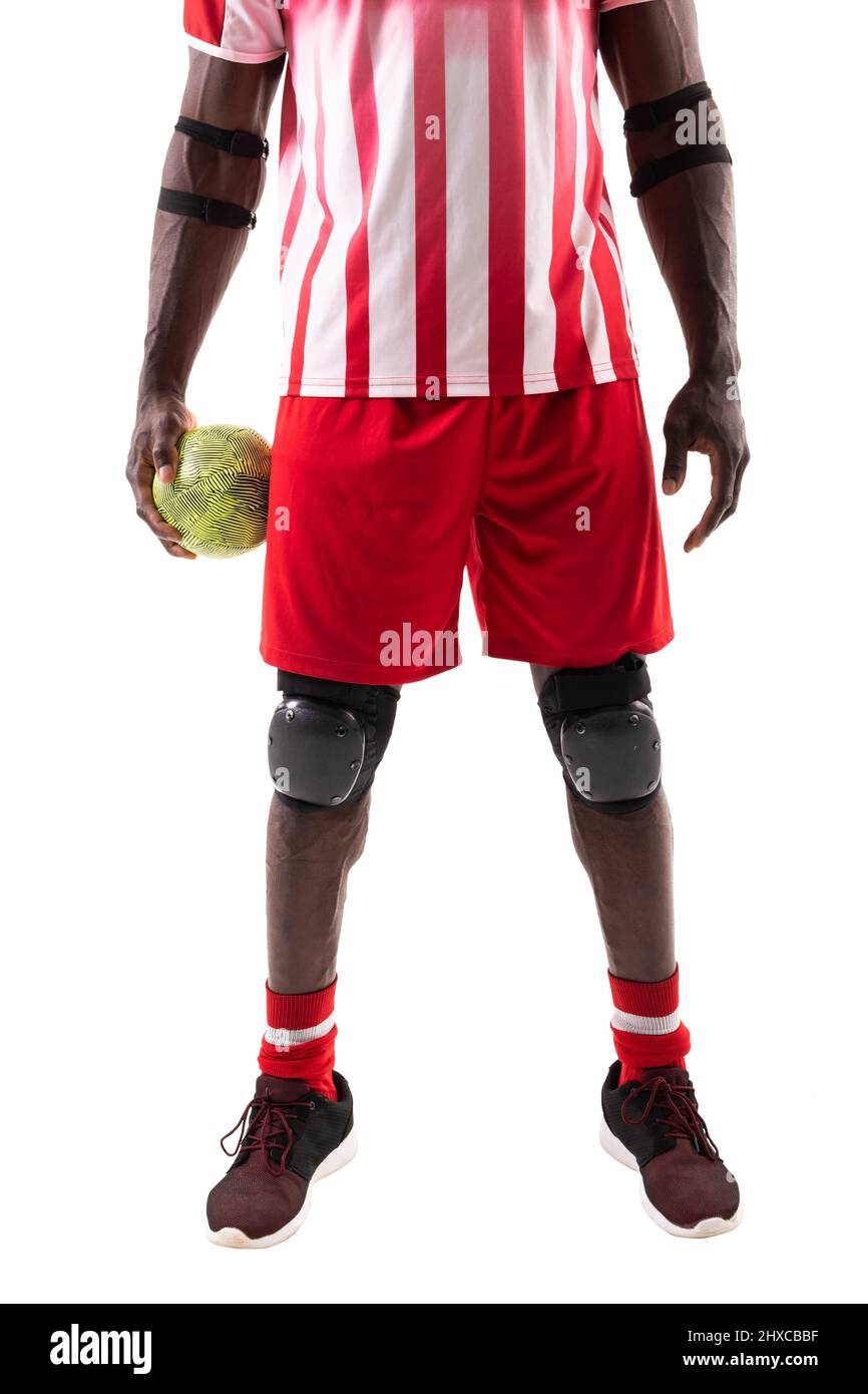 Low section of african american handball player wearing protective
