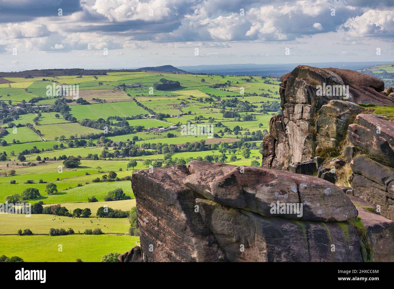 View vista panorama from The Roaches gritstone escarpment, Peak District National Park, Staffordshire, England Stock Photo