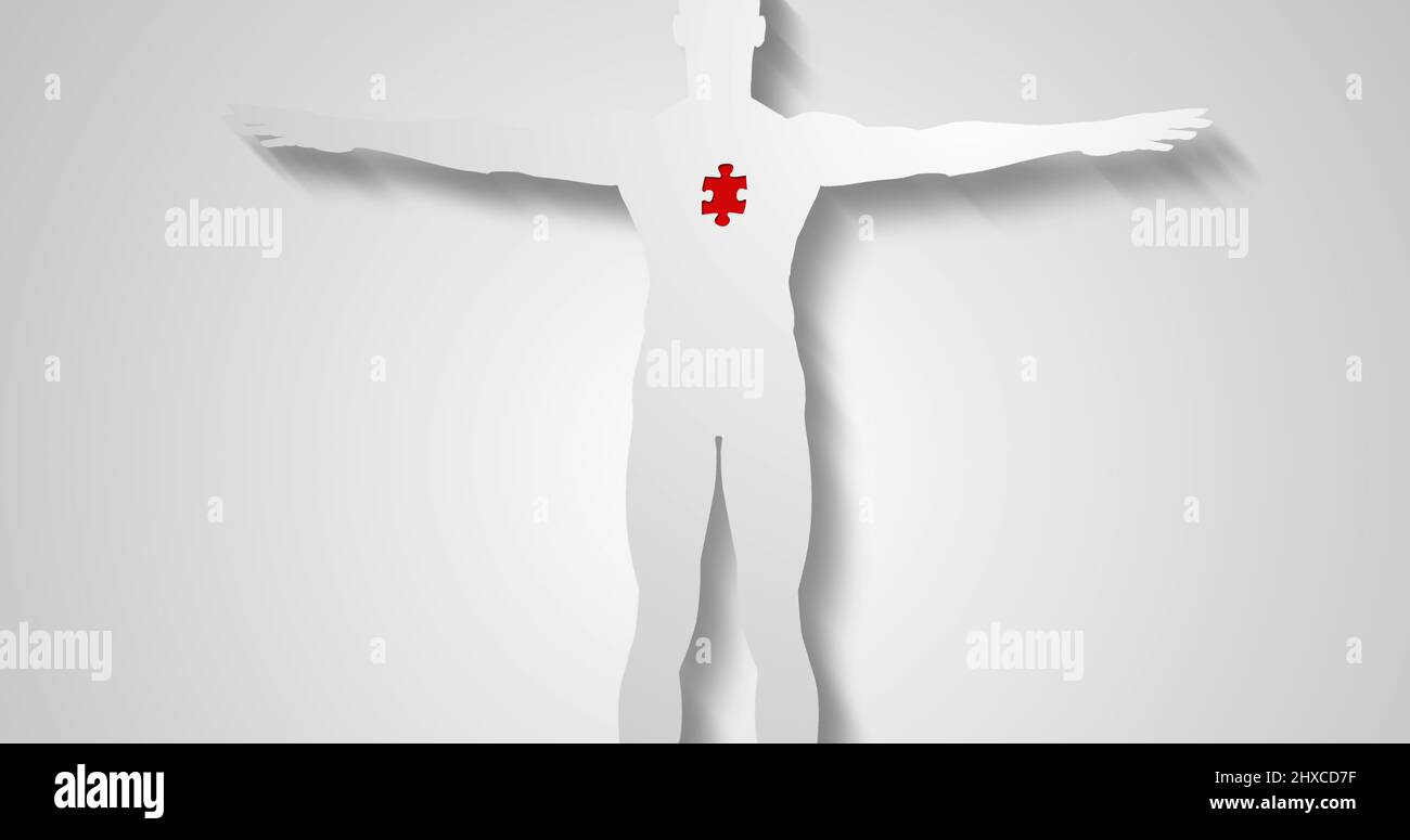Image of human icon and red puzzle piece on white background Stock Photo