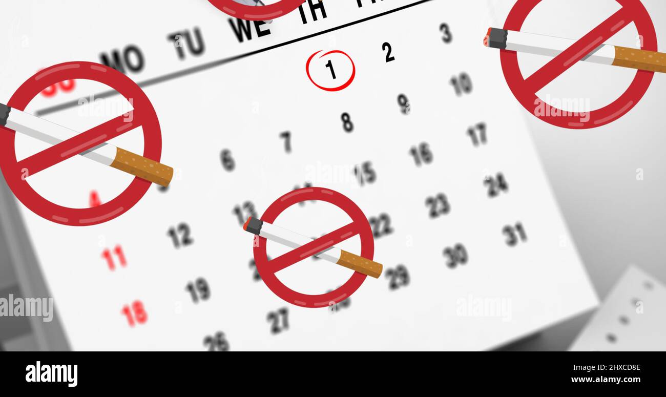 Image of cigarette with prohibition sign over calendar and pen Stock Photo
