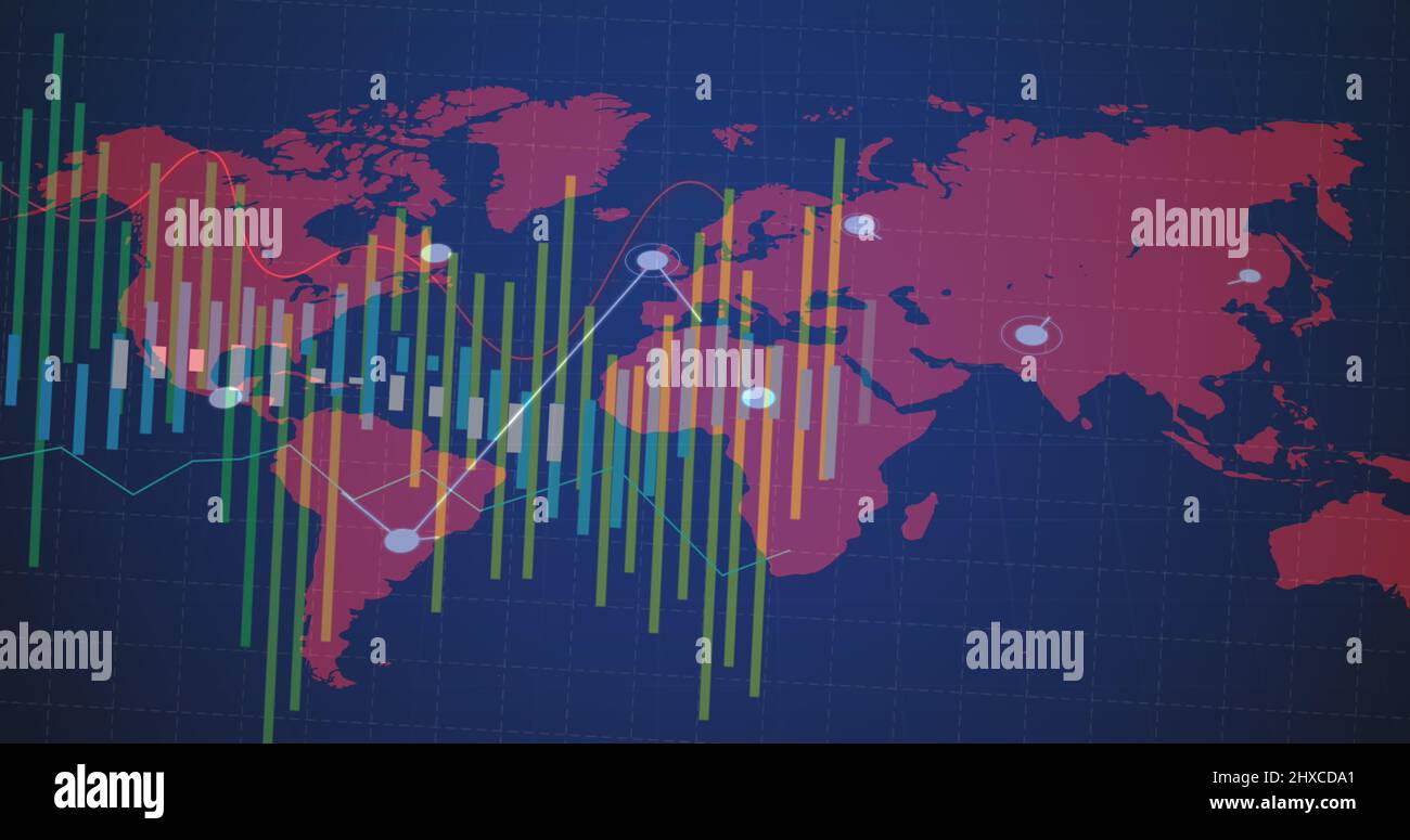 Image of financial data processing over world map on black background ...