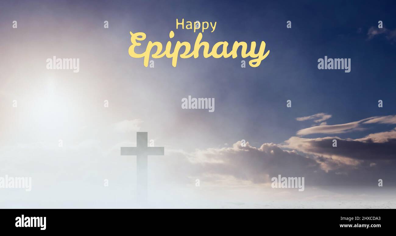 Image of happy epiphany text over clouds and cross Stock Photo