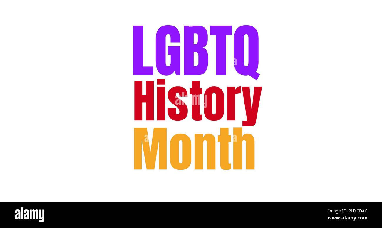 Image of lgbtq history month text in rainbow colours on white background Stock Photo