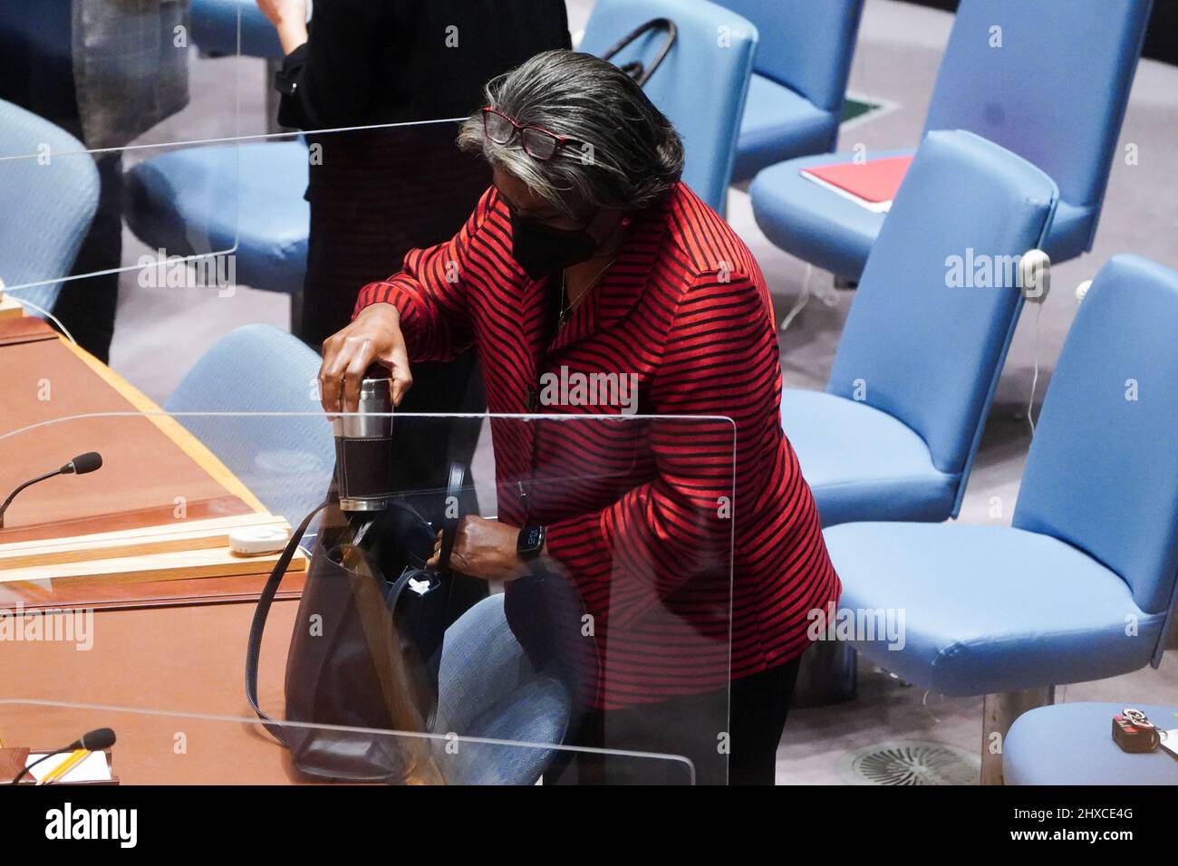U.S. Ambassador to the U.N. Linda Thomas-Greenfield attends the United Nations Security Council meeting on Threats to International Peace and Security, following Russia's invasion of Ukraine, in New York City, U.S. March 11, 2022. REUTERS/Carlo Allegri Stock Photo