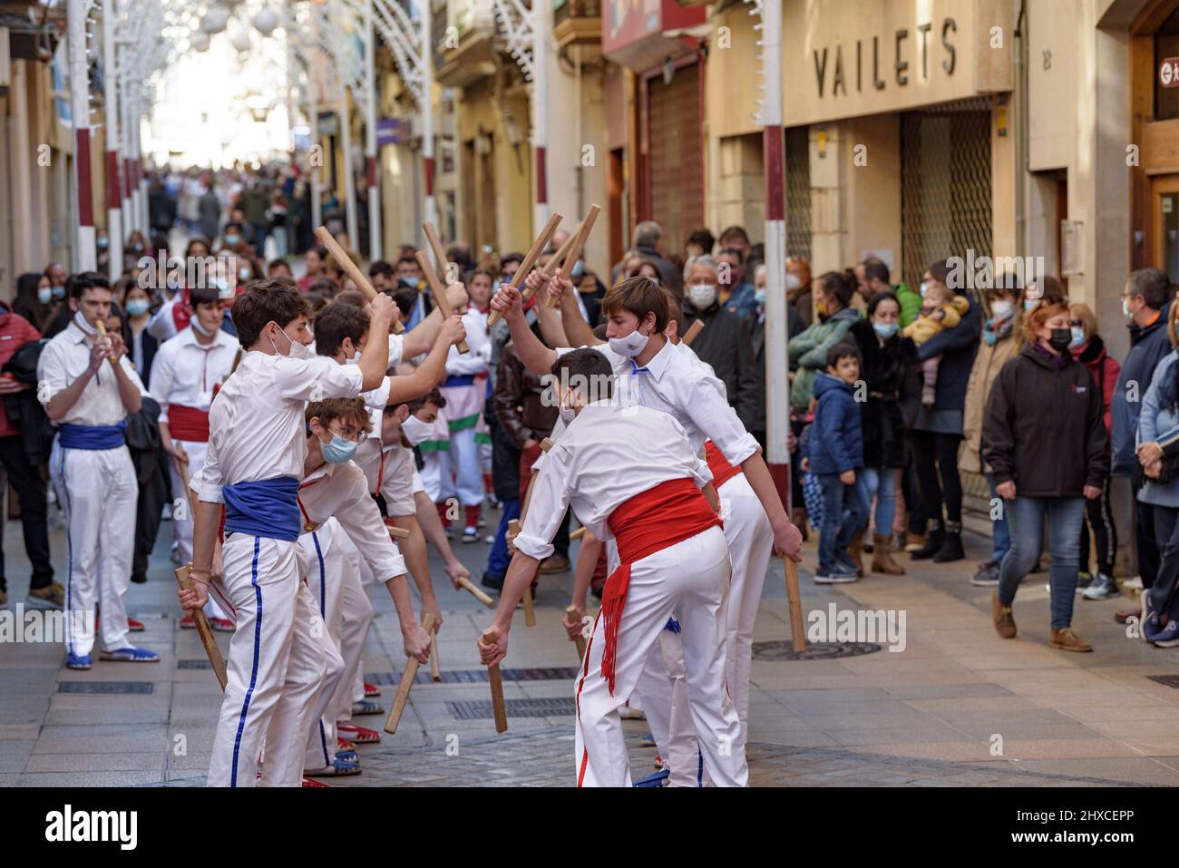 Ball de bastons (stick dance) of Montblanc at the 2022 Valls Decennial Festival, in honor of the Virgin of the Candlemas in Valls (Tarragona, Spain) Stock Photo