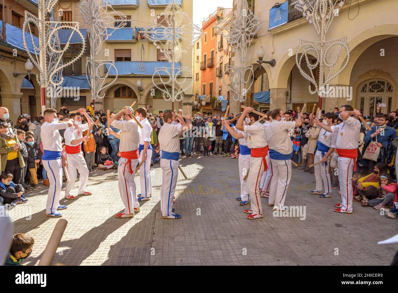 Ball de bastons (stick dance) of Montblanc at the 2022 Valls Decennial Festival, in honor of the Virgin of the Candlemas in Valls (Tarragona, Spain) Stock Photo
