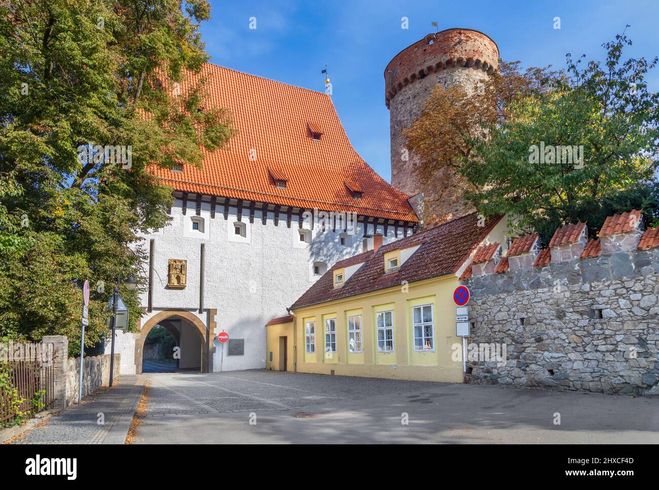 Tabor, Czechia. Historic Kotnov Tower and Bechyne Gate in Old Town Stock Photo